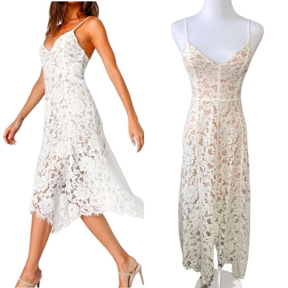 Lulu's One Wish Handkerchief Dress White Lace Midi XS Cruise Wedding‎ Event NWT
